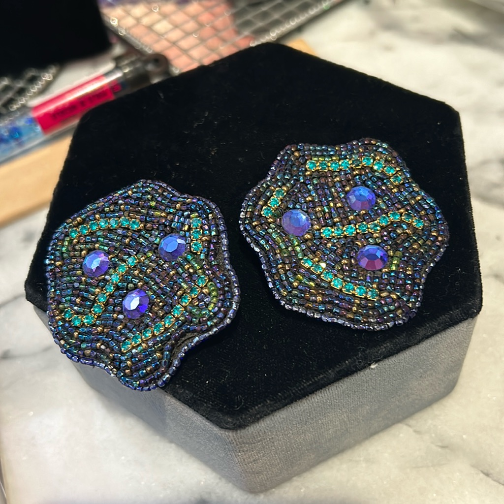 Vintage Handbeaded Blue Iris & Crystal Large Button Earrings-Boutique